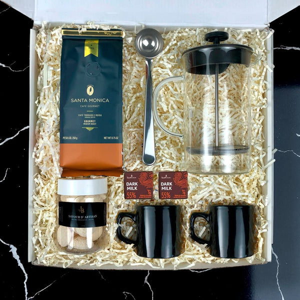 Kit Presente Corporativo Cafe com Prensa de Vidro e Xicara Dupla - LeBlank Corporativo