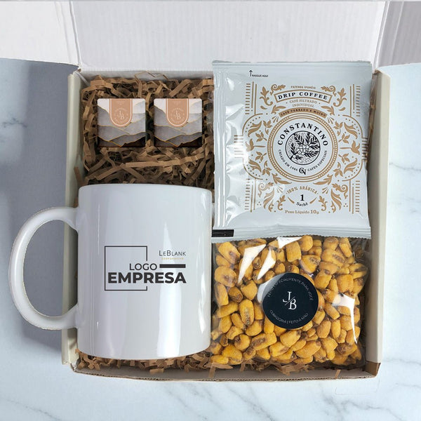 Kit Presente Corporativo Caneca Personalizada com Drip Coffee e Snacks - LeBlank Corporativo