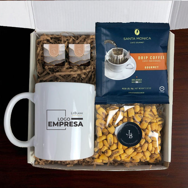 Kit Presente Corporativo Caneca Personalizada com Drip Coffee e Snacks - LeBlank Corporativo