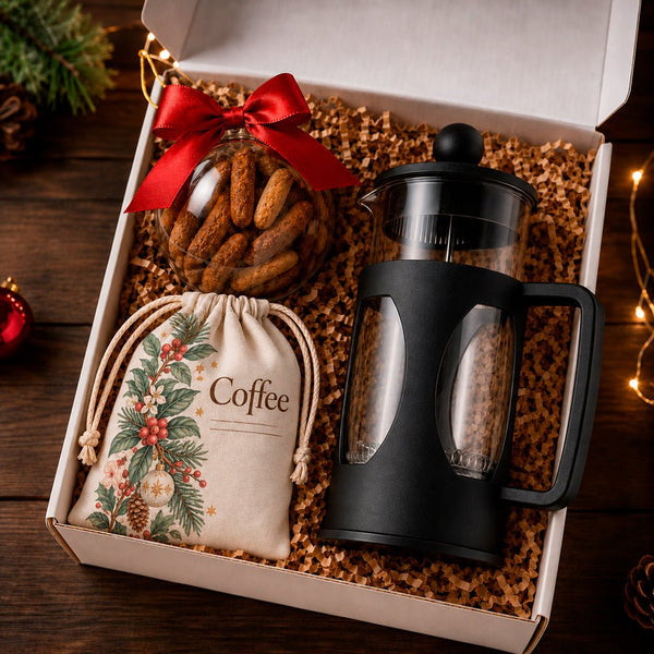 Kit Presente Corporativo Drip Coffee Natalino com Prensa Francesa - LeBlank Corporativo