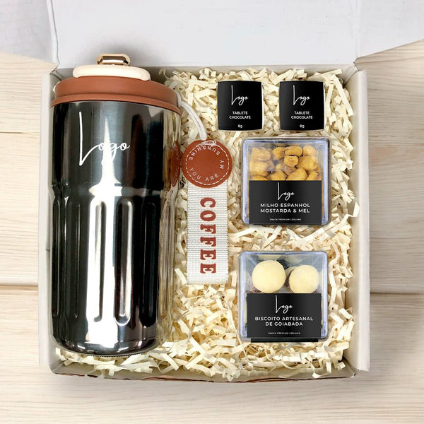 Kit Presente Corporativo Garrafa Inox com Termometro e Snacks - LeBlank Corporativo