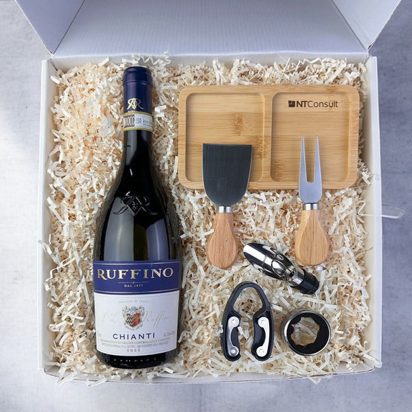 Kit Presente Corporativo Gourmet com Vinho Ruffino 2 Facas de Queijo - LeBlank Corporativo