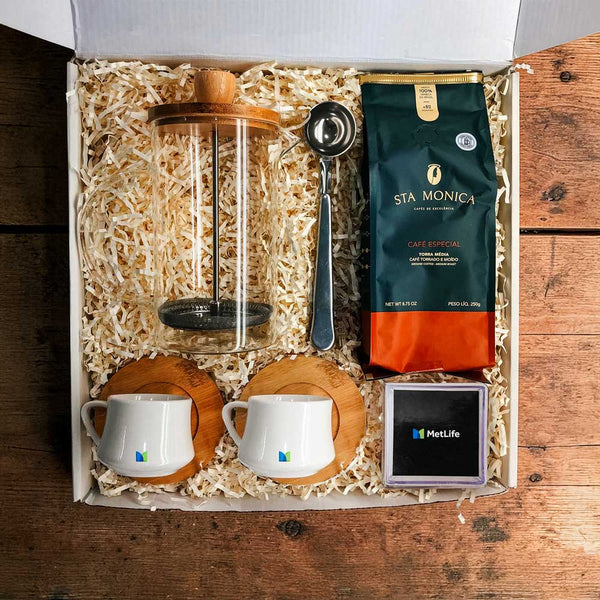 Kit Presente Corporativo Metlife Cafe com Prensa Francesa Bambu Premium - LeBlank Corporativo