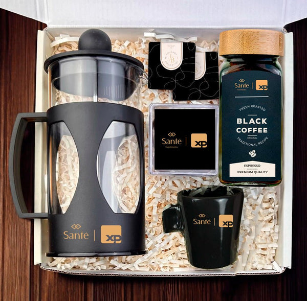 Kit Presente Corporativo Sante Investimentos Prensa com Cafe e Snacks - LeBlank Corporativo