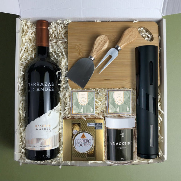 Kit Presente Corporativo Vinho com Snacks e Abridor Eletrico - LeBlank Corporativo