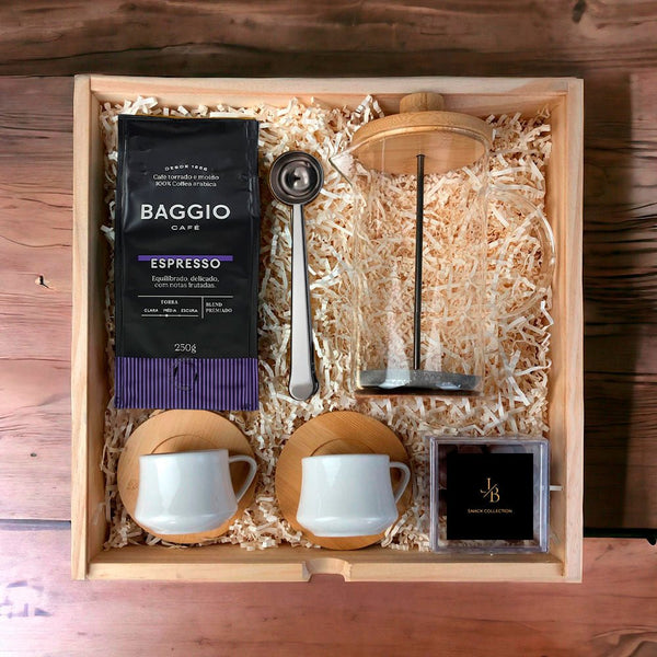 Kit Presente Corporativo Wood Cafe Baggio com Prensa Francesa Vidro e Bambu - LeBlank Corporativo