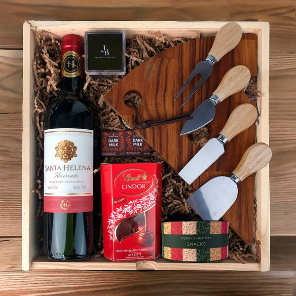Kit Presente Corporativo Wood Vinho Santa Helena com Chocolate Lindt - LeBlank Corporativo