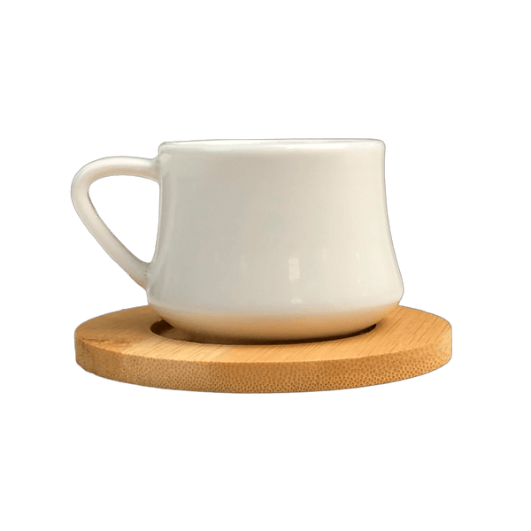 Xicara de Porcelana com Pires de Bambu - Personalizado - LeBlank Corporativo