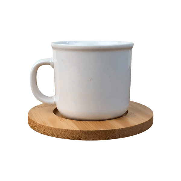 Xicara de Porcelana com Pires de Bambu - Personalizado - LeBlank Corporativo