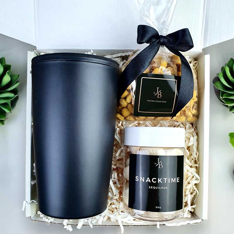 Presente Kit Boas Vindas Snacks e Copo Termico de Bambu