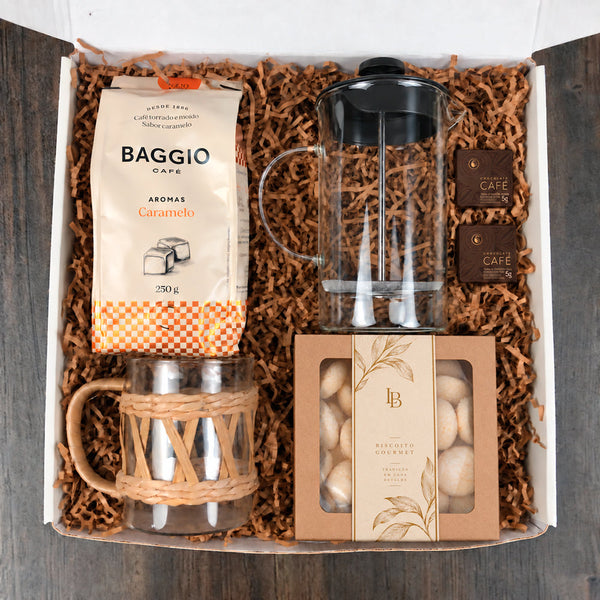 Kit Presente Prensa Francesa com Café Baggio e Caneca de Vidro Wolff