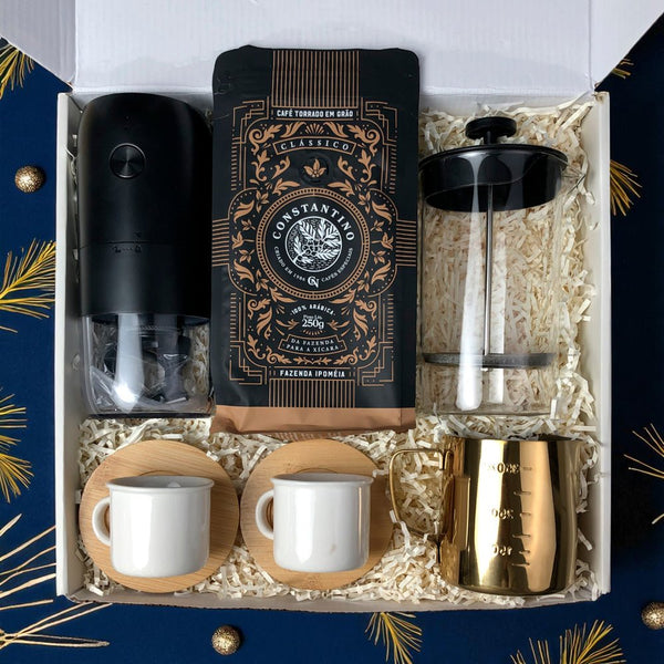 Kit Presente Corporativo Wood Cafe com Moedor Portatil Gold
