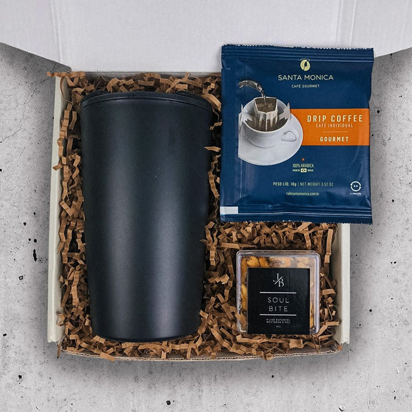 Kit Presente Corporativo Cafe com Copo de Bambu Ecologico em Caixa Padrao G Personalizada - LeBlank Corporativo