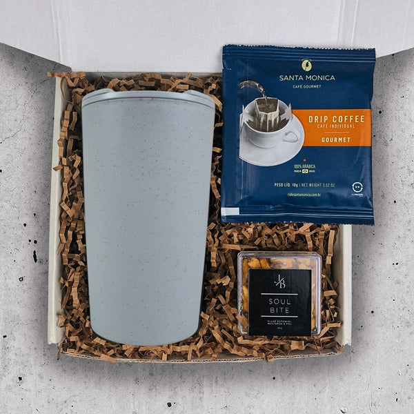 Kit Presente Corporativo Cafe com Copo de Bambu Ecologico em Caixa Padrao G Personalizada - LeBlank Corporativo