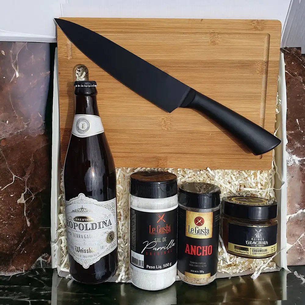 Kit Presente Corporativo Gourmet para Churrasco com Cerveja Leopoldina e Temperos - LeBlank Corporativo