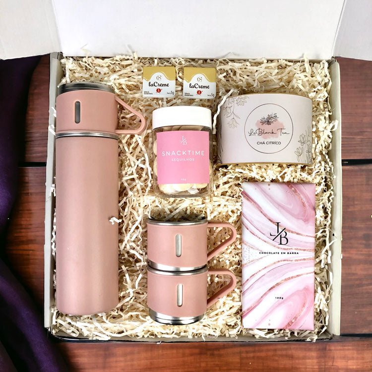 Kit Presente Corporativo Garrafa Termica e Cha Rose - LeBlank Corporativo