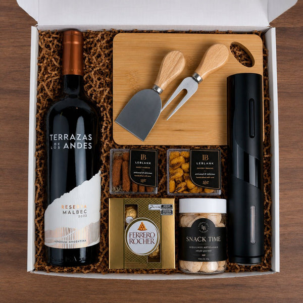 Kit Presente Corporativo Vinho com Snacks e Abridor Eletrico - LeBlank Corporativo
