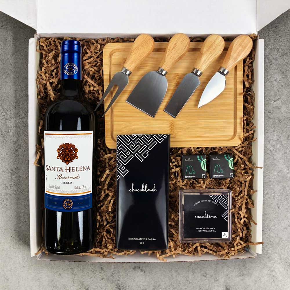 Kit Presente Corporativo Vinho Tinto Santa Helena e Chocolate Em Barra - LeBlank Corporativo