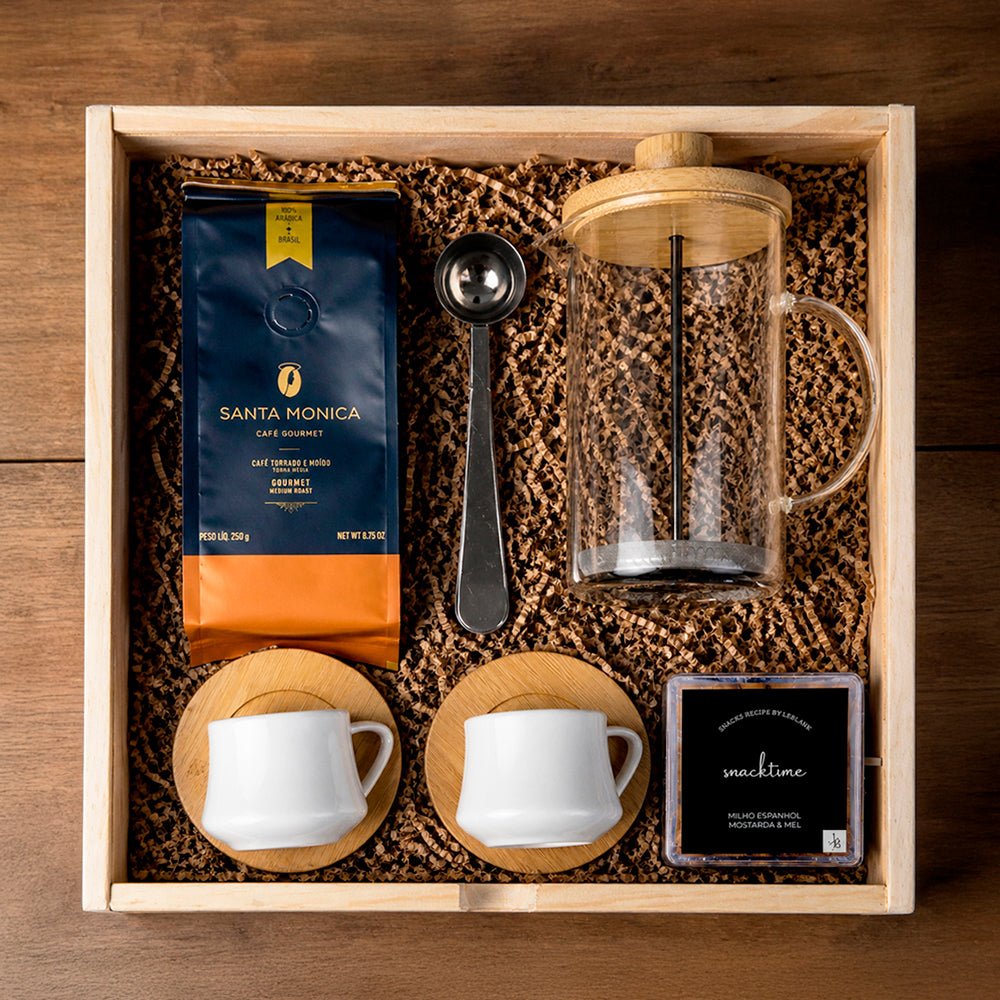 Kit Presente Corporativo Wood Cafe Com Prensa Francesa Vidro e Bambu Premium - LeBlank Corporativo