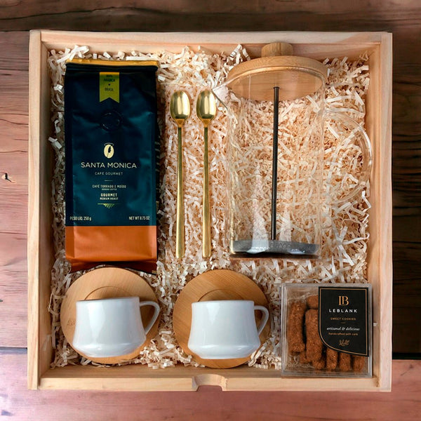 Kit Presente Corporativo Wood Cafe Com Prensa Francesa Vidro e Bambu Premium - LeBlank Corporativo