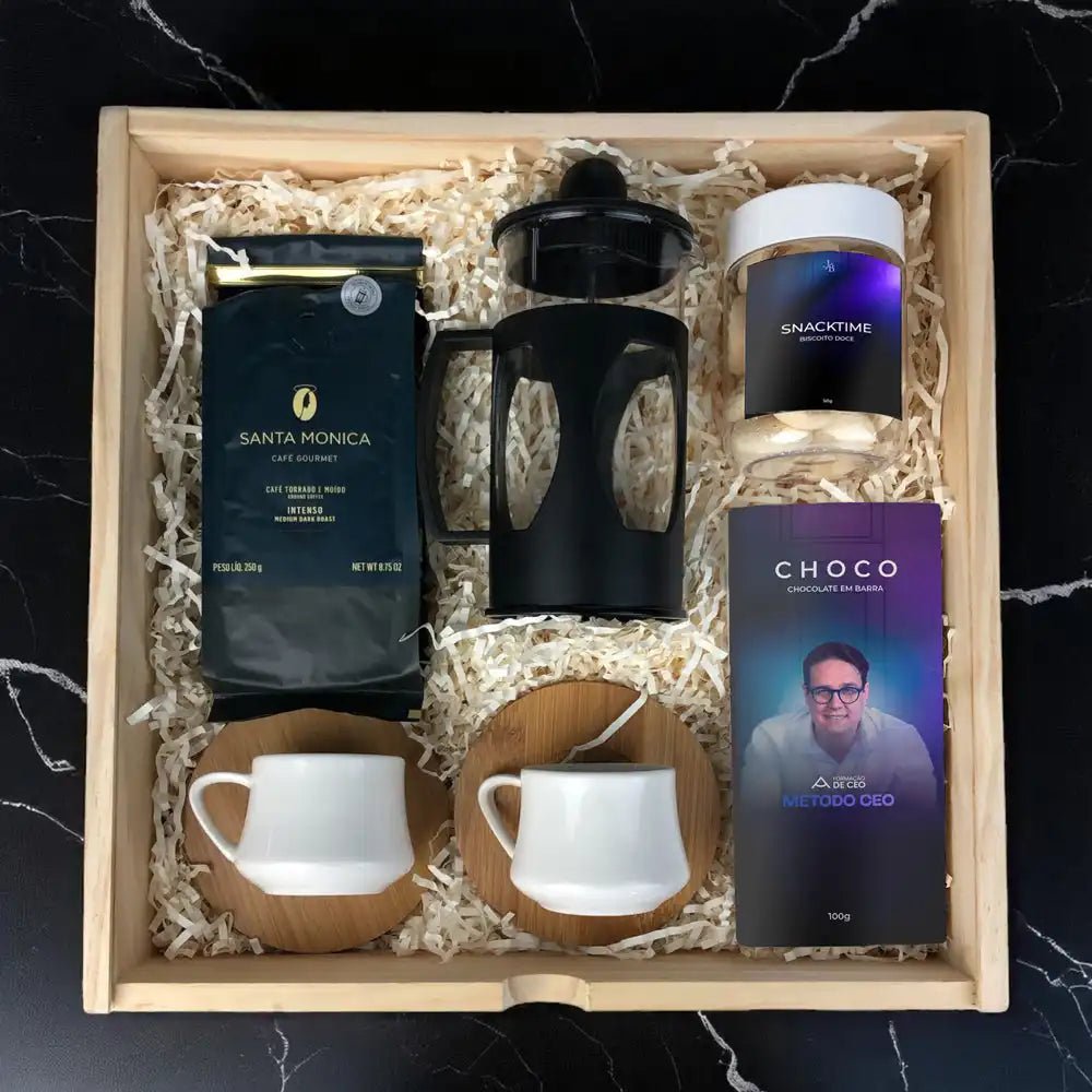Kit Presente Corporativo Wood Cafe Gourmet com Prensa Francesa e Xícaras Bambu - LeBlank Corporativo