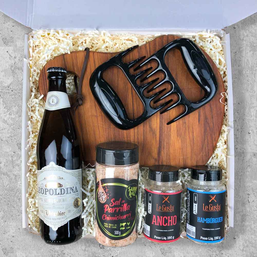 Kit Presente Corporativo Wood Gourmet para Churrasco com Cerveja Leopoldina e Temperos Especiais - LeBlank Corporativo