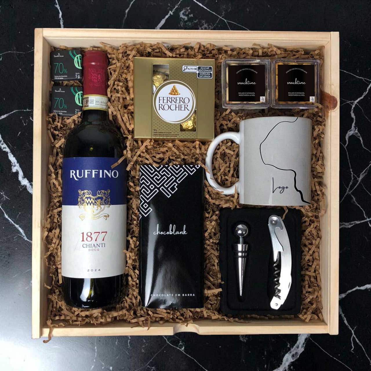 Kit Presente Corporativo Wood Vinho Ruffino Chianti e Caneca Personalizada - LeBlank Corporativo