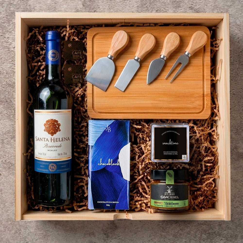 Kit Presente Corporativo Wood Vinho Tinto Merlot e Facas de Queijo - LeBlank Corporativo